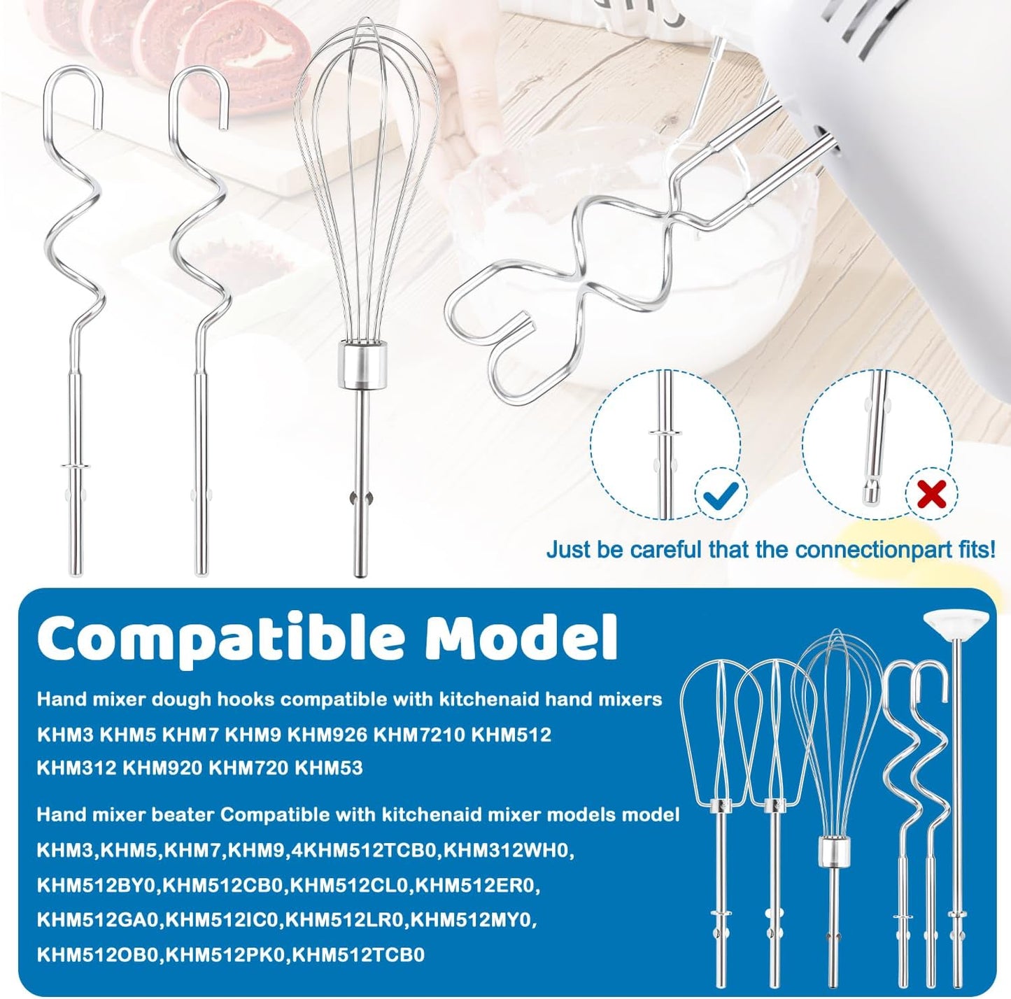 6 Pcs Hand Mixer Beater Attachments for KitchenAid Hand Mixers KHM3 KHM5 KHM7 KHM9, Stainless Steel Hand Mixer Beaters, Whisk, Blending Rod and Dough Hooks