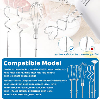 6 Pcs Hand Mixer Beater Attachments for KitchenAid Hand Mixers KHM3 KHM5 KHM7 KHM9, Stainless Steel Hand Mixer Beaters, Whisk, Blending Rod and Dough Hooks