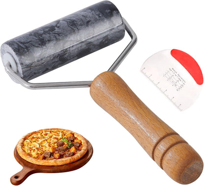 Small Marble Rolling Pin Pizza Roller with Dough Scraper Cutter, Marble Roller Non-Stick T-Type, For Cake Baking Tortilla Fudge Pizza Cookies and Other Kitchen Baking Cooking(White)