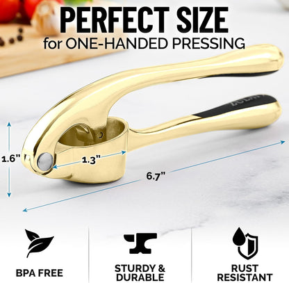 Zulay Kitchen Premium Garlic Press Set - Rust Proof Professional Garlic Mincer Tool - Easy-Squeeze, Easy-Clean with Soft, Ergonomic Handle - Silicone Garlic Peeler & Brush (Silver)