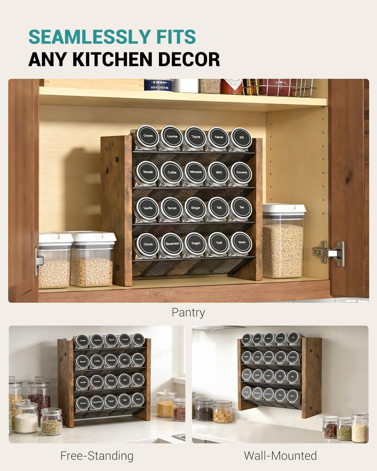 NESAPTO Spice Rack Organizer for Cabinet, Wood 4-Tier Vertical Seasoning Organizer, Wall Mount or Countertop Spice Shelf, Holds 28 Jars (No Jars Included), 14" W x 9.4" H