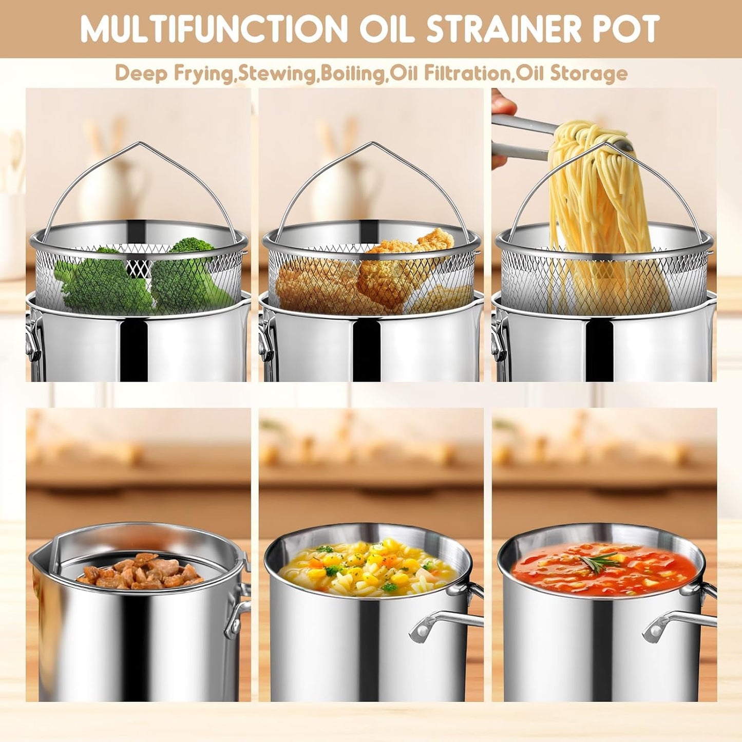 Chihee Grease Container Stainless Steel Bacon Grease Saver with Fine Mesh Strainer 2L / 67.6 fl oz Cooking Oil Keeper Stoarge Can with Dust-proof Lid Non-slip Tray for Kitchen Frying
