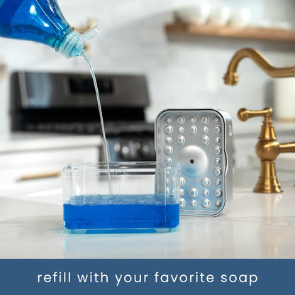 S&T INC. Dish Soap Dispenser and Sponge Holder for Kitchen Sink, Sponge Included, 13 Ounces, Metallic Silver