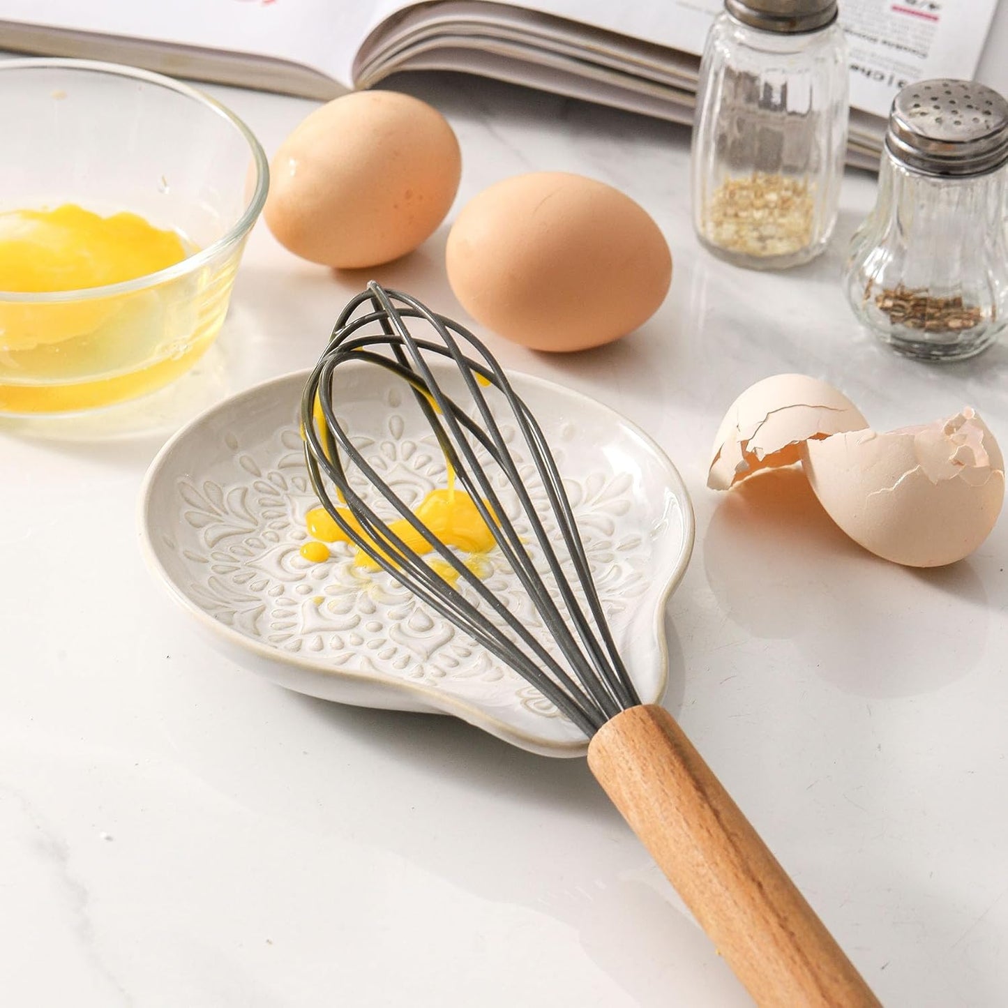 Farmhouse Ceramic Spoon Rests Holder for Kitchen Counter Stove Top (White-A1)