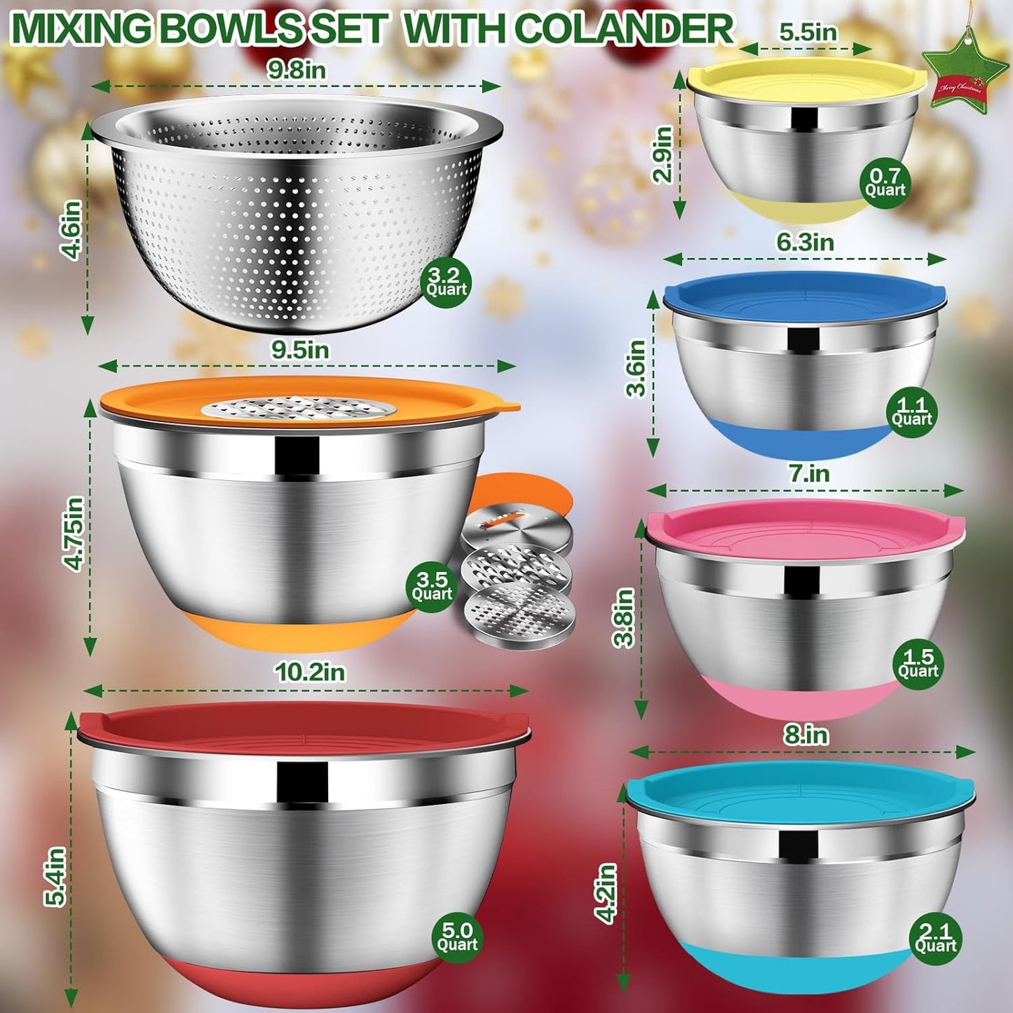 DUTZUN Mixing Bowls with Lids Set, Stainless Steel Mixing Bowls with Colander, Strainer with Mixing Bowl Set, Serving Bowl Kitchen Gift, Size 4.5, 2.5, 2, 1.5QT - Black