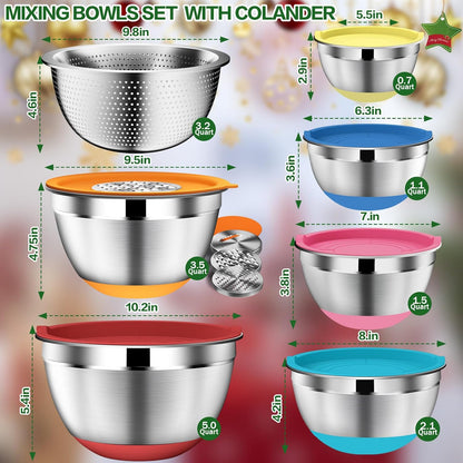 DUTZUN Mixing Bowls with Lids Set, Stainless Steel Mixing Bowls with Colander, Strainer with Mixing Bowl Set, Serving Bowl Kitchen Gift, Size 4.5, 2.5, 2, 1.5QT - Black