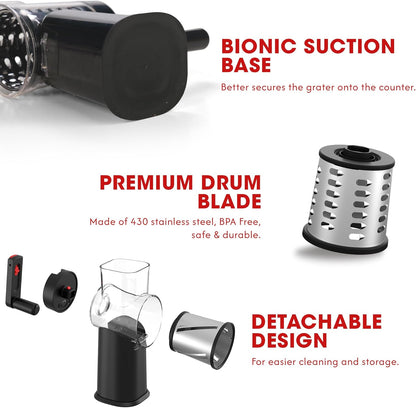 Rotary Cheese Grater Hand Crank with Foldable Handle, 3 Stainless Steel Blades, Perfect Graters for Kitchen, Manual Cheese Shredder Hand Crank with Suction Base, Rotary Grader, (Black)