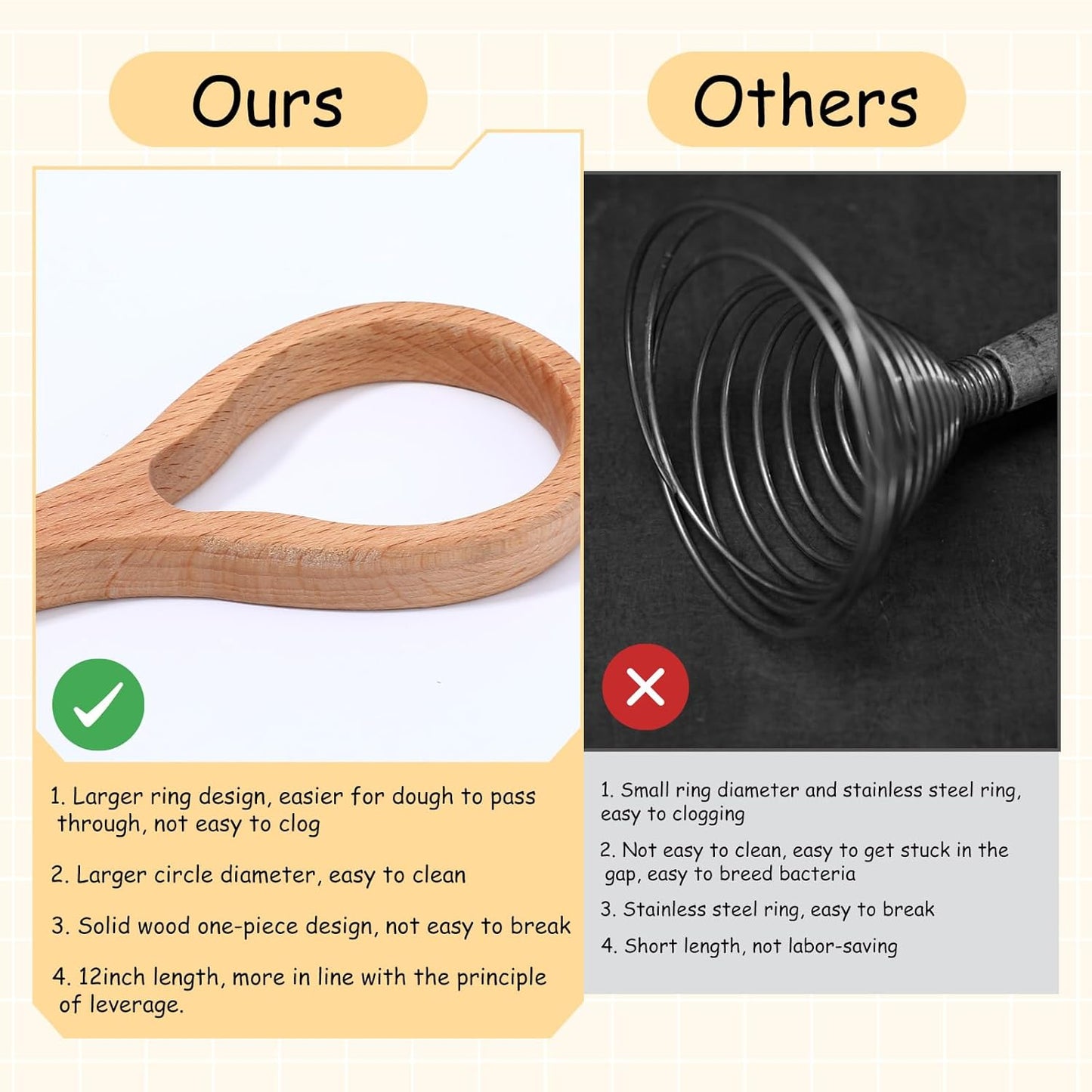 12 Inch Danish Whisk Wooden Sourdough Whisk Traditional Dough Hook Used for Mixing Dough, Sourdough, Eggs, Pizza, Bread and Other Baking Ingredients