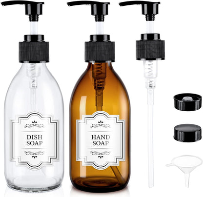 8 oz Amber Glass Pump Bottle, 250ml Glass Soap Dispenser Bottle for Body Lotion Massage Oil, Refillable Empty Hand and Dish Soap Dispensers Set with Labels - 2 Pack