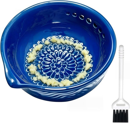 Ceramic Grater Bowl with Herb Stripper & Cleaning Brush, 3-in-1 Kitchen Tool for Garlic, Ginger & Vegetables, Easy to Clean Stripping Bowl for Kale, Rosemary, Thyme, and Basil, Dishwasher Safe-Green