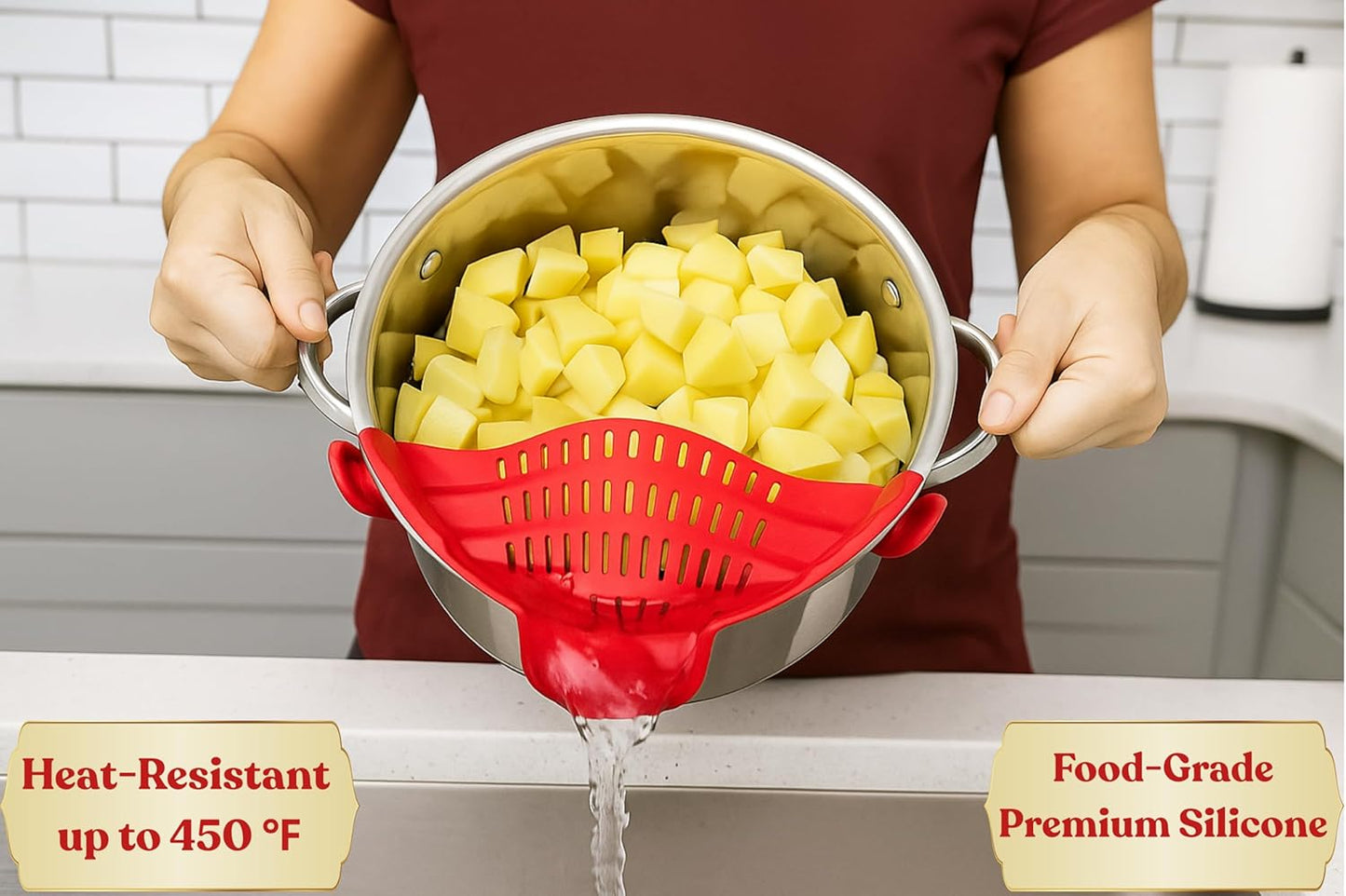 Clip On Strainer Silicone for Pots and Pans, Universal Fit Pasta Strainer and Pot Colander, Space Saving Food Drainer with Collapsible Funnel and Garlic Peeler, 3 Pcs Set, Black