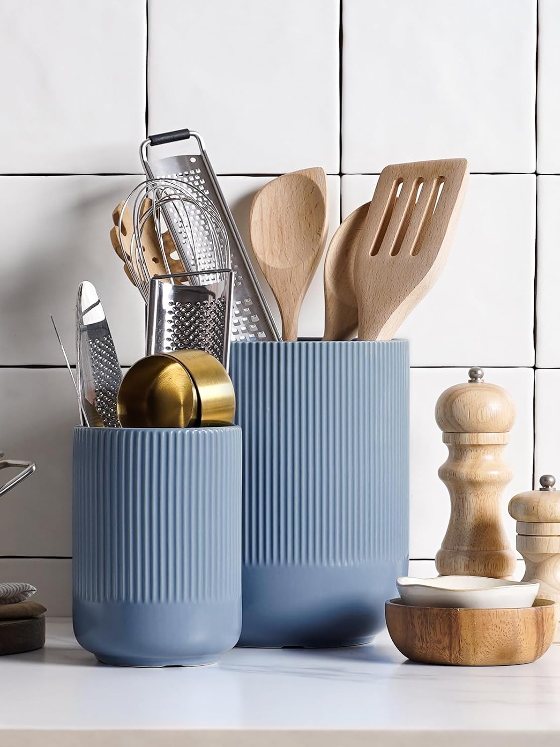 LE TAUCI Utensil Holder for Kitchen Counter, 7.3"+5.4" Fluted Ceramic Utensil Crock Organizer for Countertop, Heavy Large Holder for Spatulas, Spoons, Set of 2, White, Kitchen Counter Decor
