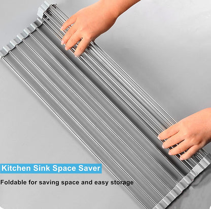 Seropy Roll Up Dish Drying Rack Over The Sink for Kitchen Sink Drying Rack Folding Dish Drainer Mat Rolling Dish Rack Sink Rack Stainless Steel Kitchen Dry Rack Black 17.5x15.7 Inch