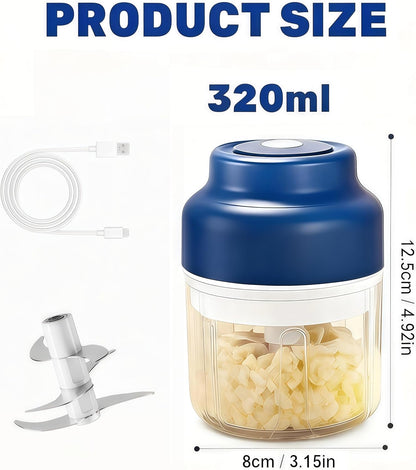 2026 Upgrade Electric Garlic Chopper Mini, 320 ml Small Garlic Chopper Mincer with 6 Stainless Steel Blades, Portable Rechargeable Cordless Chopper for Onion,Chili,Ginger,Nuts,Meat & Fruits (Blue)
