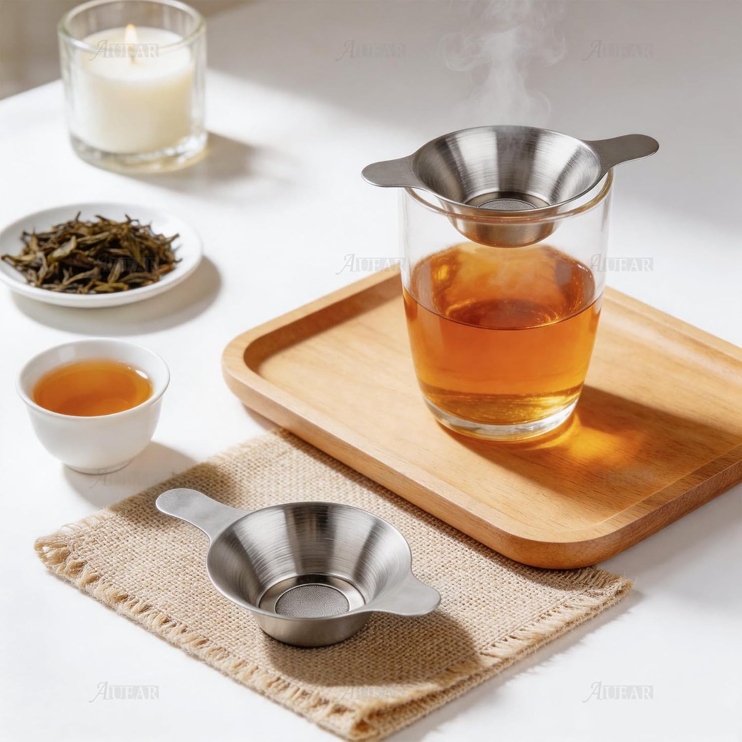 AUEAR, 2 Pack Different Size Stainless Steel Mini Strainer Fine Mesh Tea Funnel Coffee Filter with Double Handles