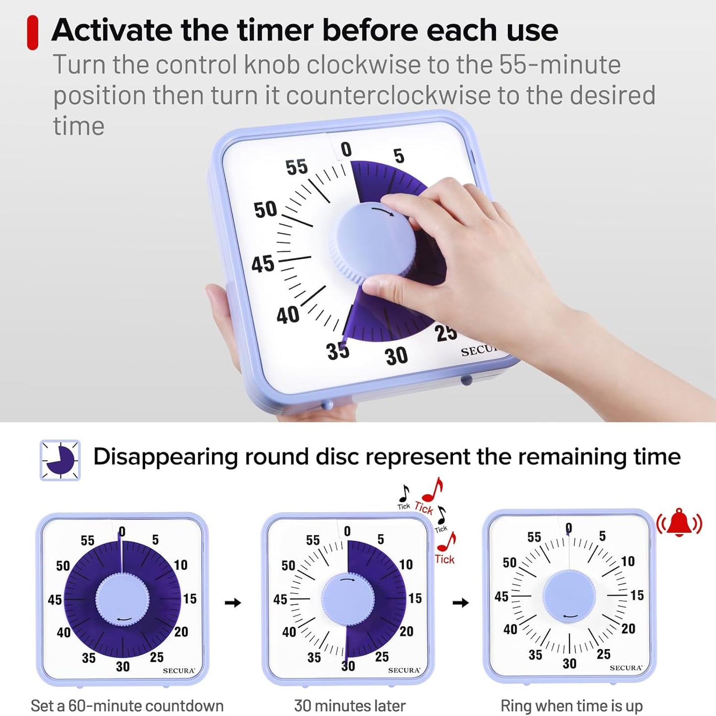 Secura 60-Minute Visual Countdown Timer, 7.5-Inch Oversize Classroom Visual Timer for Kids and Adults, Durable Mechanical Kitchen Timer Clock with Magnetic Backing (Blue)