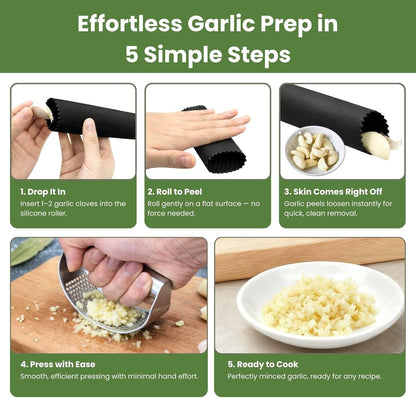 Garlic Press Rocker 304 Stainless Steel Garlic Mincer & Crusher with Silicone Peeler and Cleaning Brush, Ergonomic Dishwasher Safe Garlic Chopper Kitchen Gadget for Seniors & Home Cooks