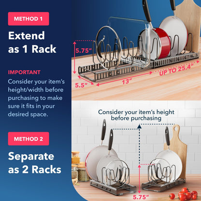 Better Things Home 7.5” Wide 12-Slot Adjustable Large Pan and Pot Lid Organizer with Scratch-Free Pads, Expandable Pot Lid Holder Rack for Cabinet, Pots and Pans Organizer Inside Cabinet