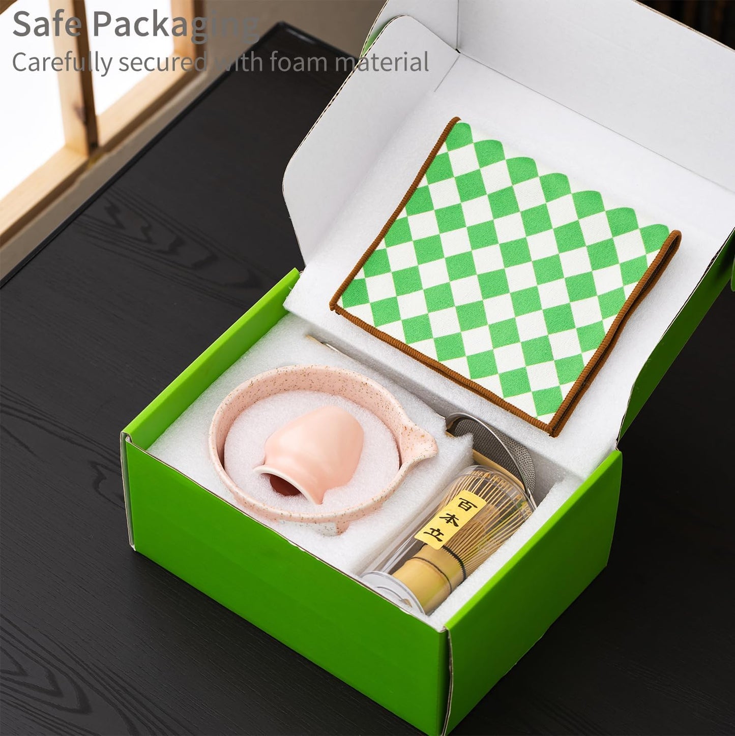 Premium 7-Piece Matcha Tea Set – Traditional Japanese Style with Elegant Grid Pattern, Includes Bamboo Whisk, Ceramic Bowl, Scoop & More – Perfect for Matcha Lovers & Tea Ceremony (Orange grid)