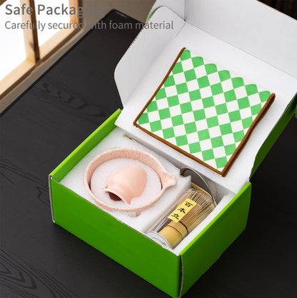 Premium 7-Piece Matcha Tea Set – Traditional Japanese Style with Elegant Grid Pattern, Includes Bamboo Whisk, Ceramic Bowl, Scoop & More – Perfect for Matcha Lovers & Tea Ceremony (Orange grid)