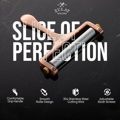 Zulay Kitchen Stainless Steel Wire Cheese Slicer - Adjustable Hand Held Cheese Cutter with 2 Extra Wires - Premium Cheese Shaver For Mozzarella, Cheddar, Gruyere - Cheese Cutter with Wire (Gunmetal)