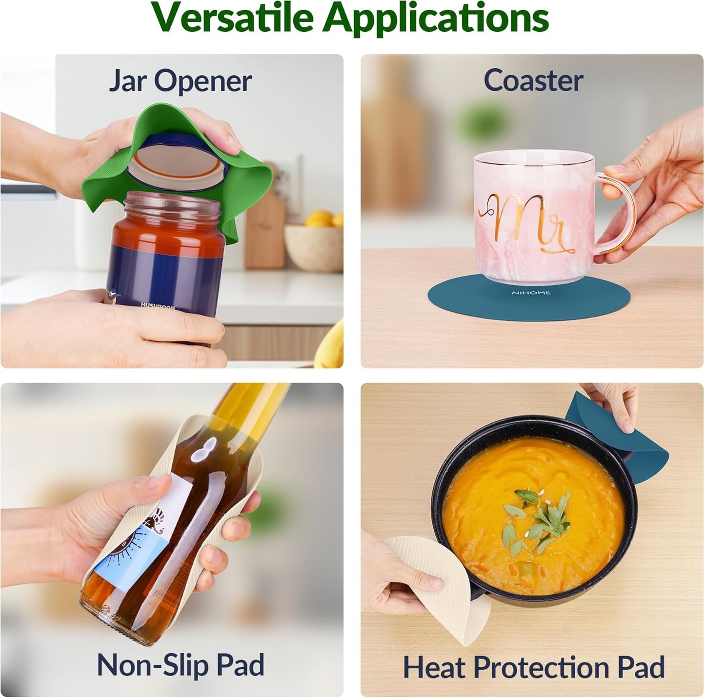 NIHOME Silicone Jar Opener – 6 Inch Large Anti-Slip Grip Pads, Premium 100% Food-Grade Silicone, Stylish Designer Colors, Multi-Purpose Heat-Resistant Mat & Coaster, Set of 4