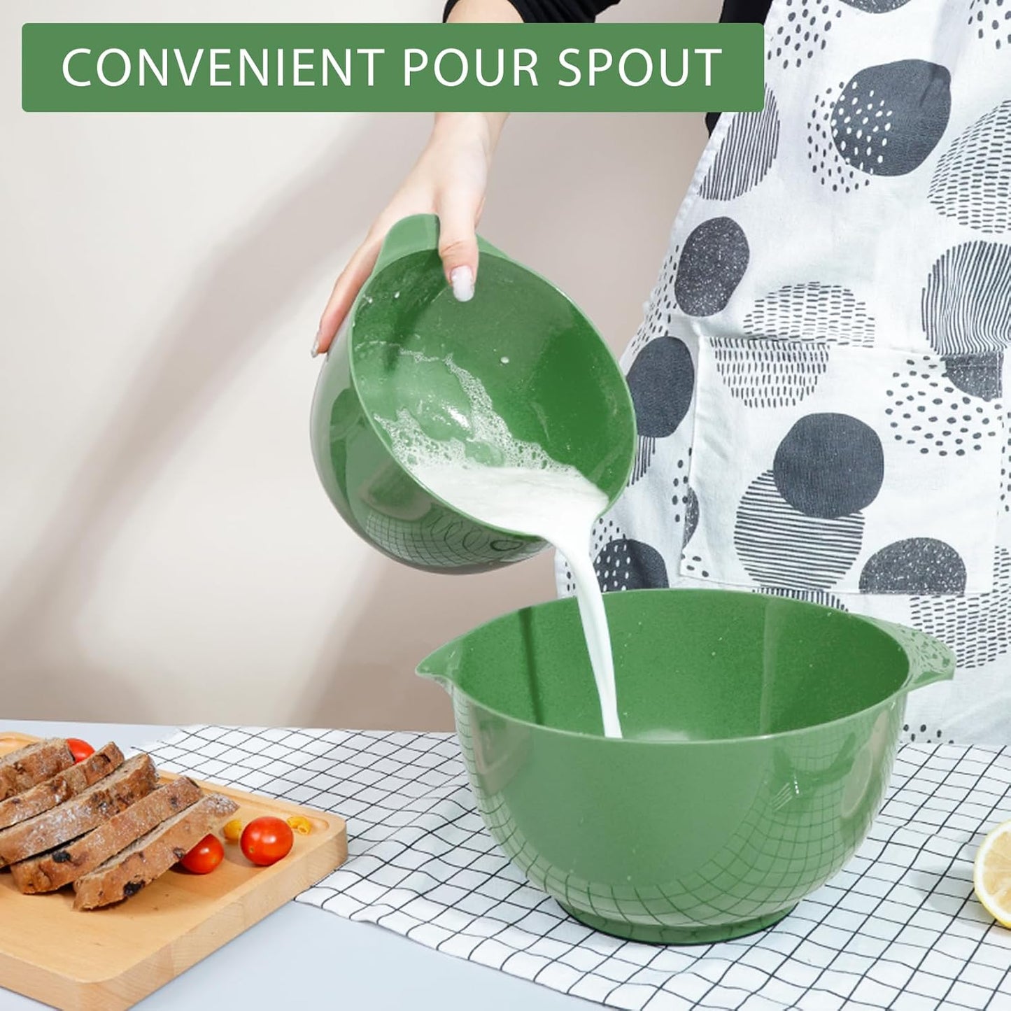 BoxedHome Green Ombre Nesting Plastic Mixing Bowl Set With Pour Spout, Microwave and Dishwasher Safe, BPA free Non-Slip Base, Set of 4 Size 1.7, 2.5, 3.5 and 4.5qt, Great for Prepping, Baking, Cooking