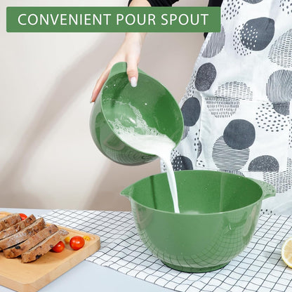 BoxedHome Green Ombre Nesting Plastic Mixing Bowl Set With Pour Spout, Microwave and Dishwasher Safe, BPA free Non-Slip Base, Set of 4 Size 1.7, 2.5, 3.5 and 4.5qt, Great for Prepping, Baking, Cooking