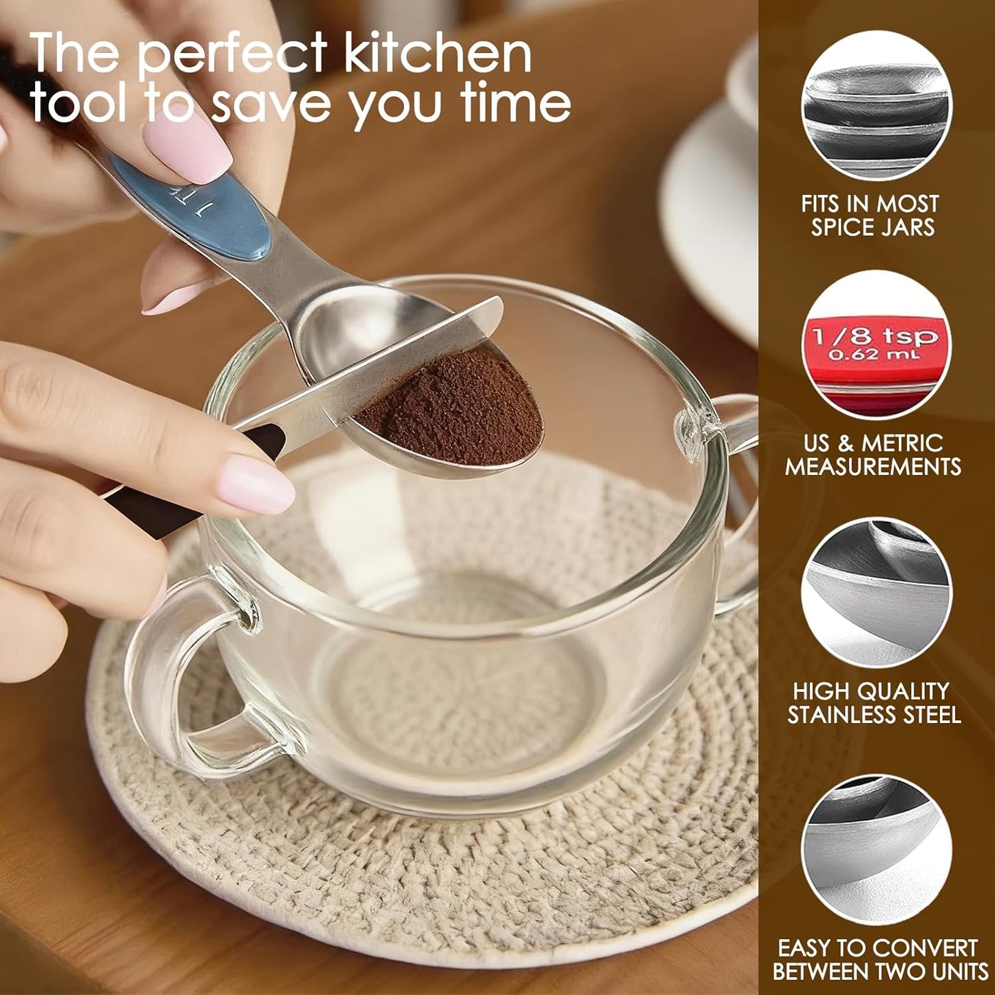Stainless Steel Magnetic Measuring Spoons Set of 9 with Leveler,Dual Sided, Stackable, Adjustable Teaspoon and Tablespoon, Measuring Liquids and Dry Ingredients, Baking& Cooking Gadgest,Multicolor