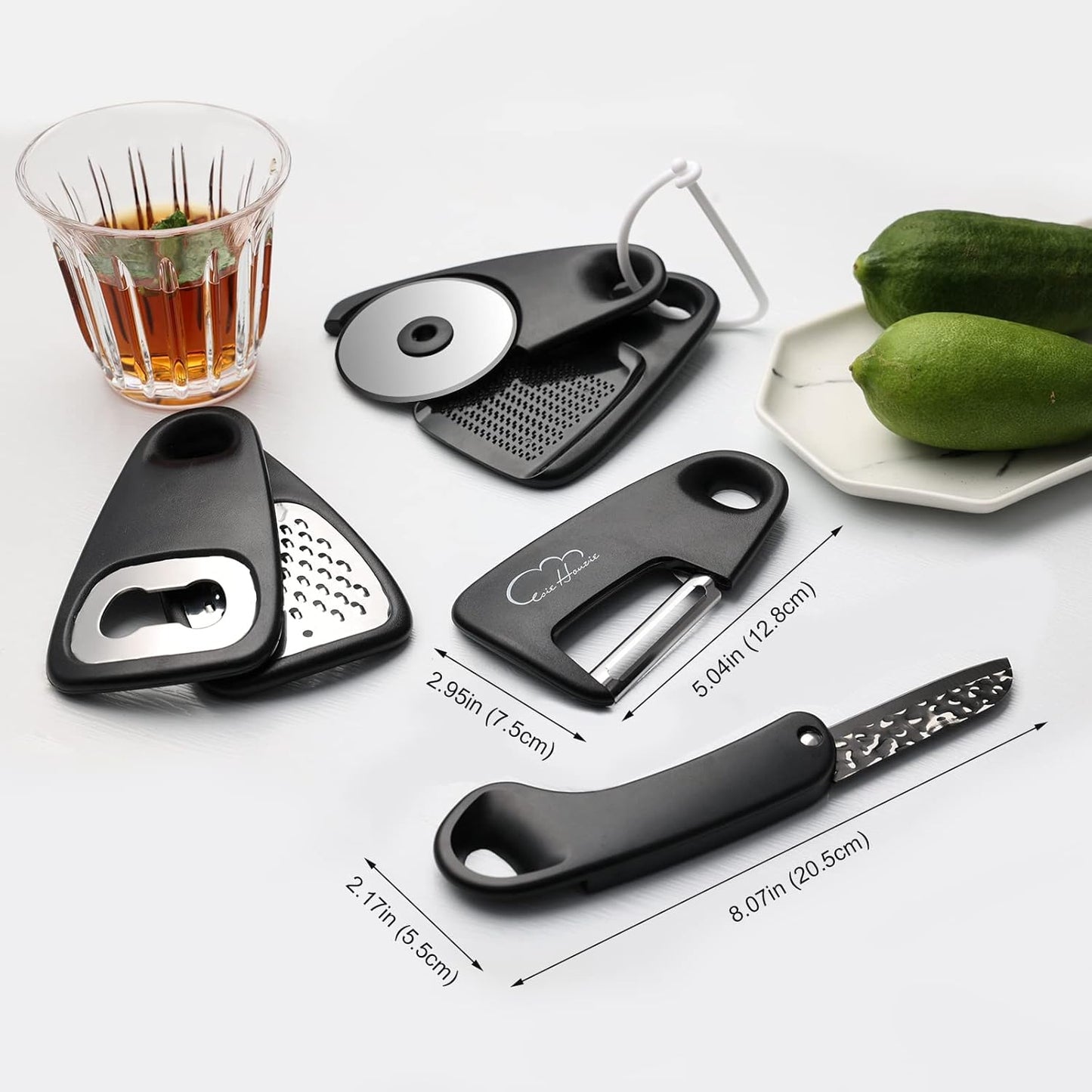 Kitchen Gadgets Set 5 Pieces, Space Saving Cooking Tools Kitchen Accessories - Fruit/Vegetable Peeler, Cheese/Chocolate Grater, Bottle Opener, Pizza Cutter, Garlic/Ginger Grinder Gift Set (Black)