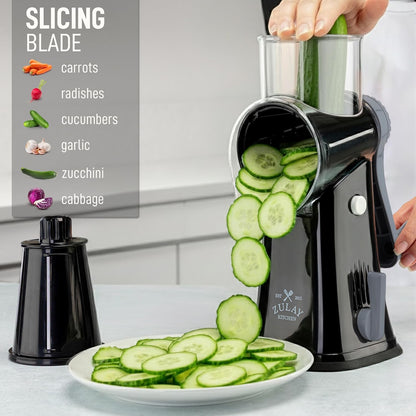 Zulay Kitchen Rotary Cheese Grater 5 Blade Cheese Shredder - Manual Hand Crank Cheese Grater With Reinforced Suction & 5 Interchangeable Drums - Easy to Use, Vegetable Chopper Round Mandoline Slicer - Colors B
