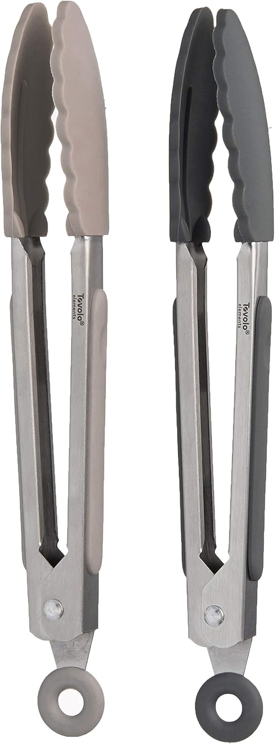 Tovolo Stainless Steel Tongs with Silicone Tip Set 9" 12" with Easy Lock Mechanism for Grilling Air Fryer Cooking Serving Salad, Heat Resistant Silicone Tipped Kitchen Tongs Sangria Red Black