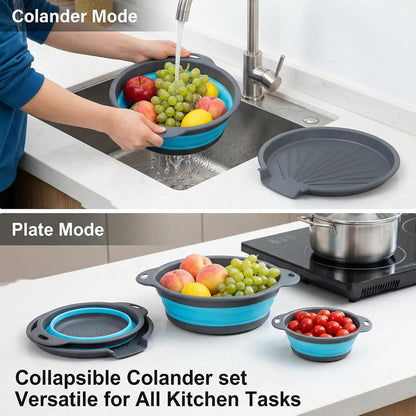 3-Pack Foldable Colander Set with Over-Sink Draining Tray, Foldable Kitchen Strainers, Space Saving Kitchen Drainer for Vegetables, Fruit, Pasta and Rice (Blue&Gray)