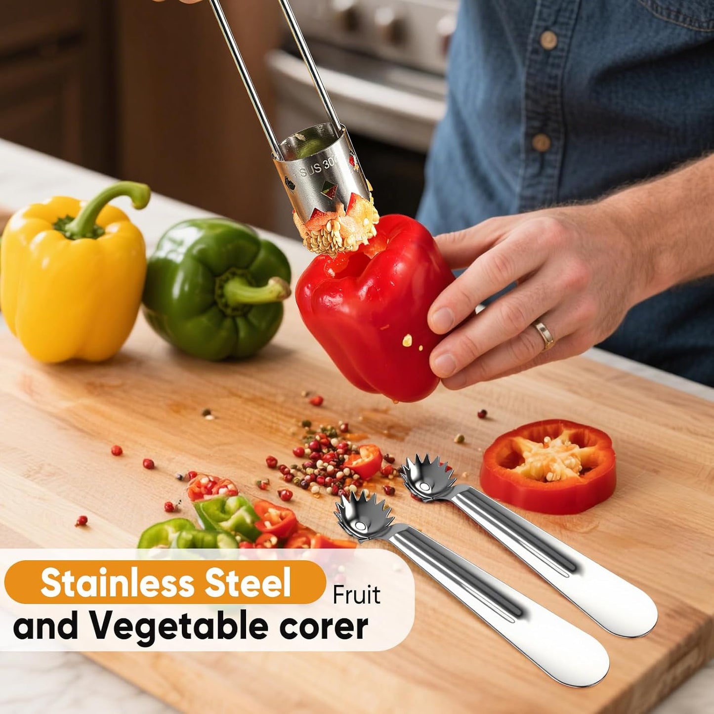 Red Bell Pepper Seed Corer - Fruit Vegetable Stem Remover for Pepper Pineapple Pear Apple Tomato, 304 Stainless Steel Rust Resistant, Easy to Use & Clean Kitchen Gadgets Tool (1 Set)