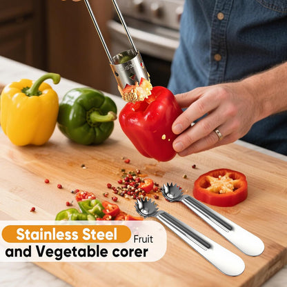 Red Bell Pepper Seed Corer - Fruit Vegetable Stem Remover for Pepper Pineapple Pear Apple Tomato, 304 Stainless Steel Rust Resistant, Easy to Use & Clean Kitchen Gadgets Tool (1 Set)