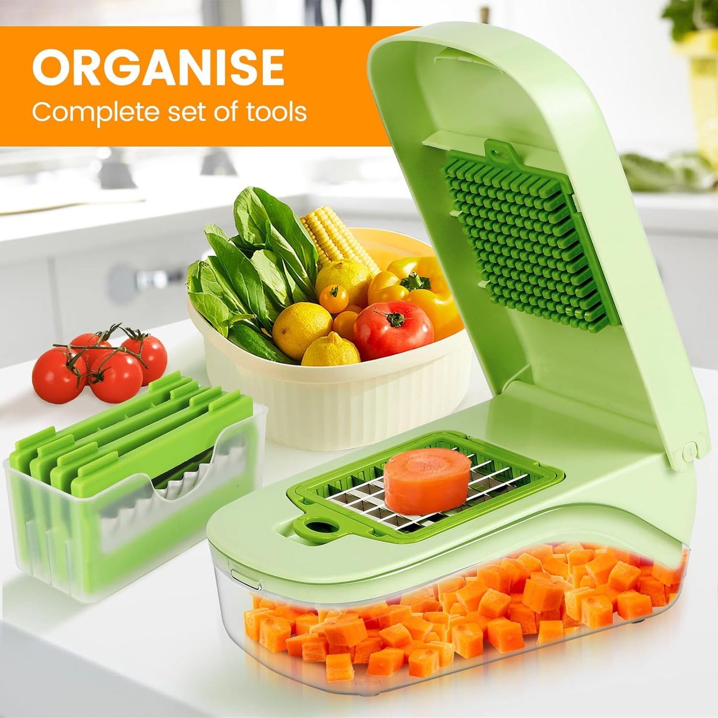 17-in-1 Vegetable Chopper, Multifunctional Veggie Chopper Dicer, Vegetable Cutter with Container, French Fry Cutter for Potatoes, Onion Chopper with Hand Guard, Kitchen Gadgets for Salad, Fruit