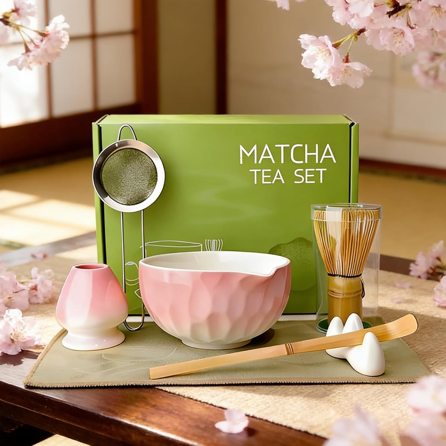 Matcha Whisk Set – Ceramic Matcha Bowl with Pour Spout, Bamboo Whisk, Whisk Holder, Scoop, Sifter – Japanese Matcha Kit for Beginners (Blue)