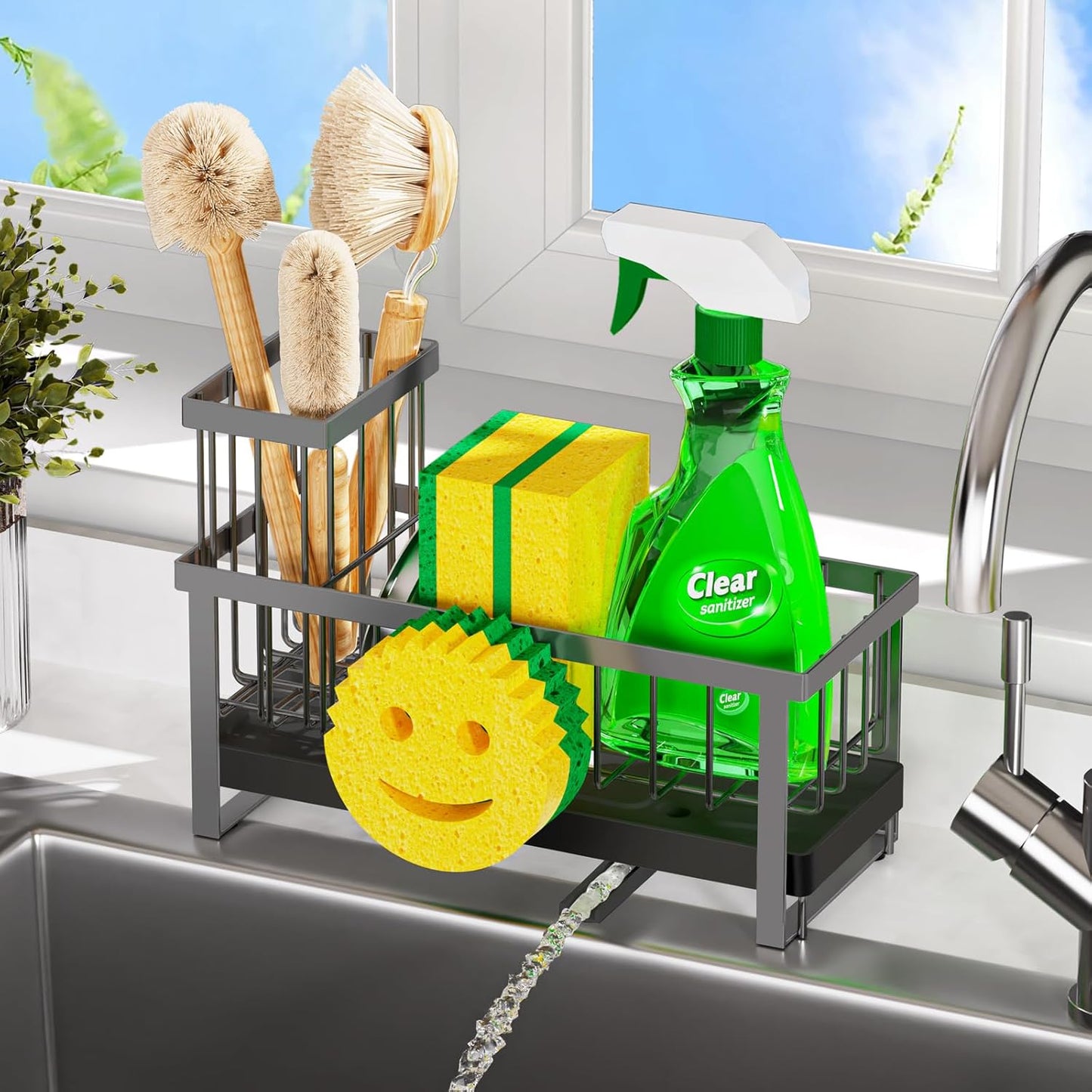 Sponge Holder for Kitchen Sink,Smiley Face Sink Caddy with Removable Brush Holder,Self-Draining Sponge Caddy for Sponge,Soap,Dish Brush,Scrubber,Kitchen Essentials and Gadgets