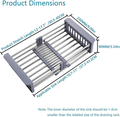 Over The Sink Dish Drying Rack, Stainless Steel Expandable Telescopic Drain Basket with Adjustable Arms - Functional Kitchen Sink Organizer for Dishes, Vegetables & Fruits (Large, Black)