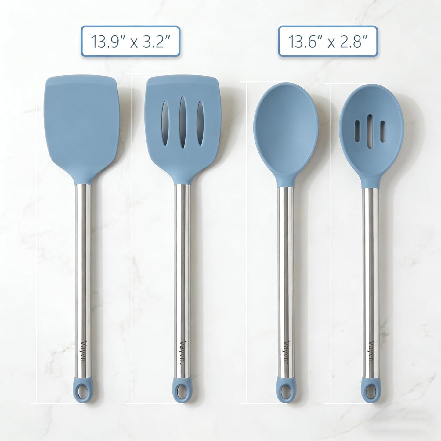 Vayvnt 4PCS Kitchen Utensils Set, Heat Resistant Silicone Utensils Set for Cooking, Non Scratch Spatula Spoons for Non Stick Pan, Large Kitchen Cooking Tools, Metal Long Handle&Dishwasher Safe, Blue