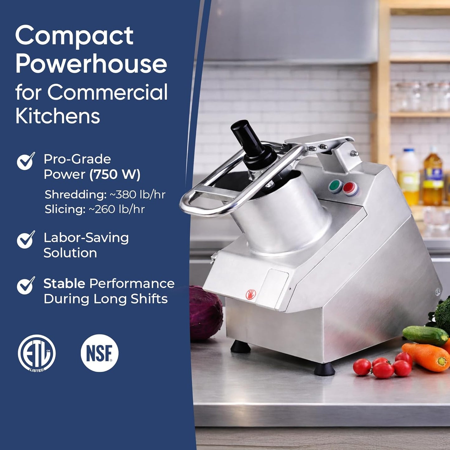 Tartle Kitchen 550W Electric Vegetable Chopper - Commercial Food Processor with Continuous Feed, Dual Feed Openings, 5 Discs for Slicing, Shredding, & Grating - Restaurant-Grade, NSF & ETL Certified