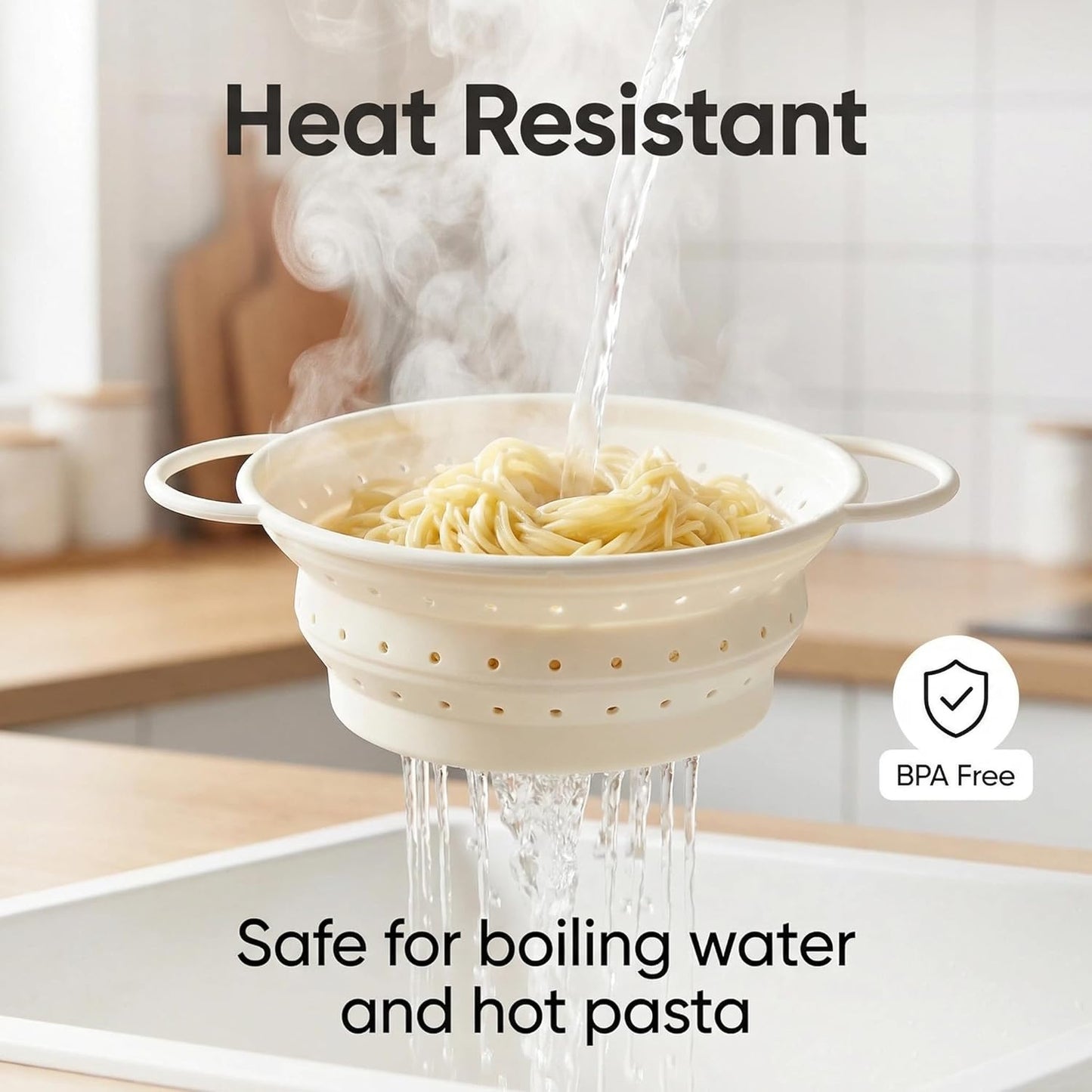 Collapsible Silicone Colander with Handles, Round Strainer with Stainless Steel Rim, Space Saving Kitchen Tool for Fruits & Vegetables,BPA-Free,Heat-Resistant Pasta Drainer(White, L)