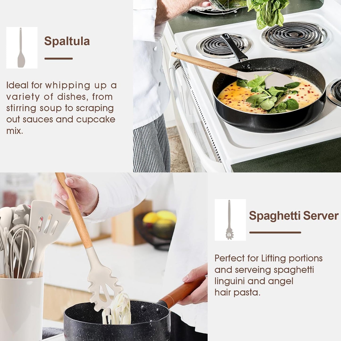 E-far Cooking Utensils Set of 6, Silicone Kitchen Utensils with Wooden Handle, Non-stick Cookware Friendly & Heat Resistant, Includes Spatula/Ladle/Slotted Turner/Serving Spoon/Spaghetti Server(Khaki)