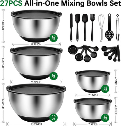 Deedro Premium Mixing Bowls with Airtight Lids Set, 22Pcs Thicker Stainless Steel Mixing Bowl Set, Large Prep Metal Bowls, Non-Slip Silicone Base Nesting Bowls for Kitchen, 1.5/2/3/4/5 QT, Khaki