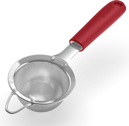 U-Taste Medium Fine Mesh Strainer: 18/8 Stainless Steel 4.73in 30 Mesh Kitchen Food Sieve with Sturdy Riveted Silicone Handle, Heavy Duty Deep Handheld Metal Colander for Rice, Quinoa, Flour (Black)