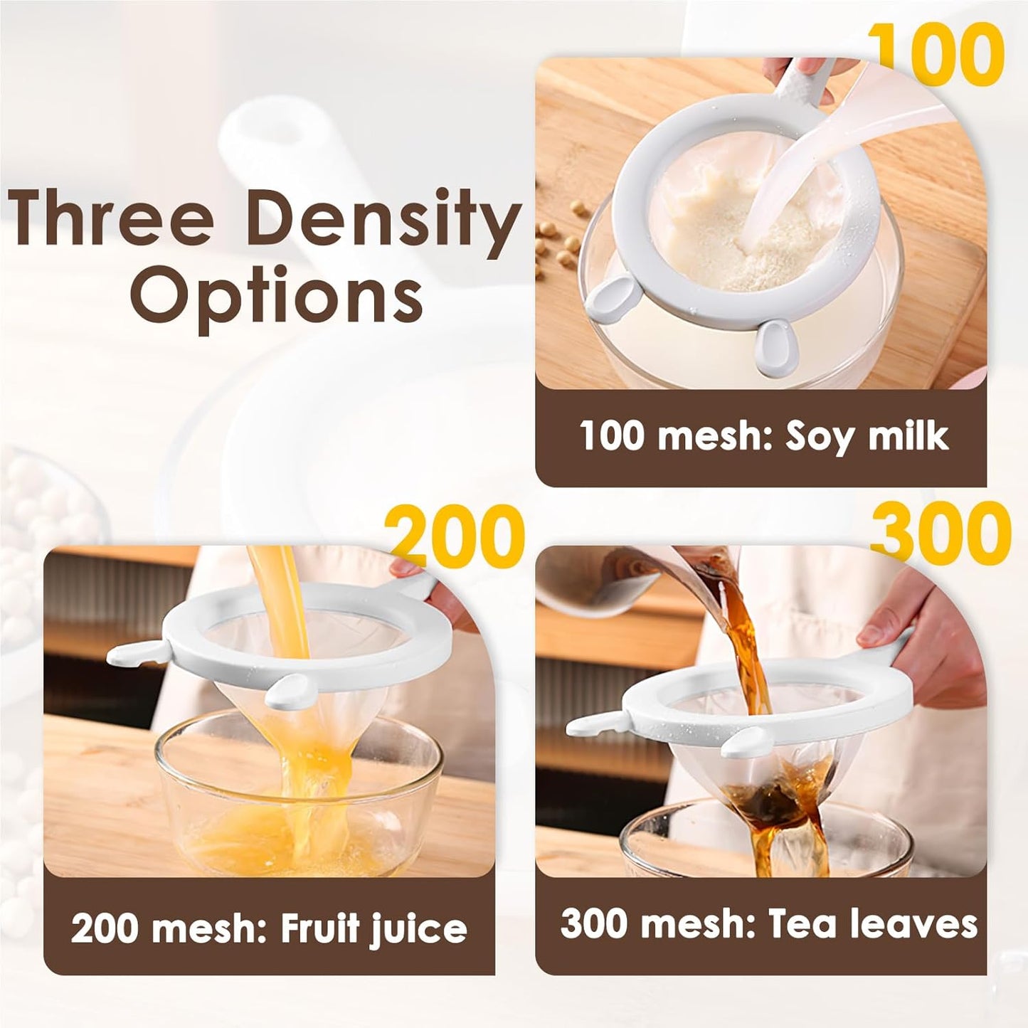 3-in-1 Fine Mesh Filter Kit with Detachable Sieve, 100/200/300 Mesh Filter with Grey Handle, Interchangeable Nylon Filter for Coffee, Tea, Nuts, Milk Juice, Fine Mesh Food Grade PP Frame（Grey）