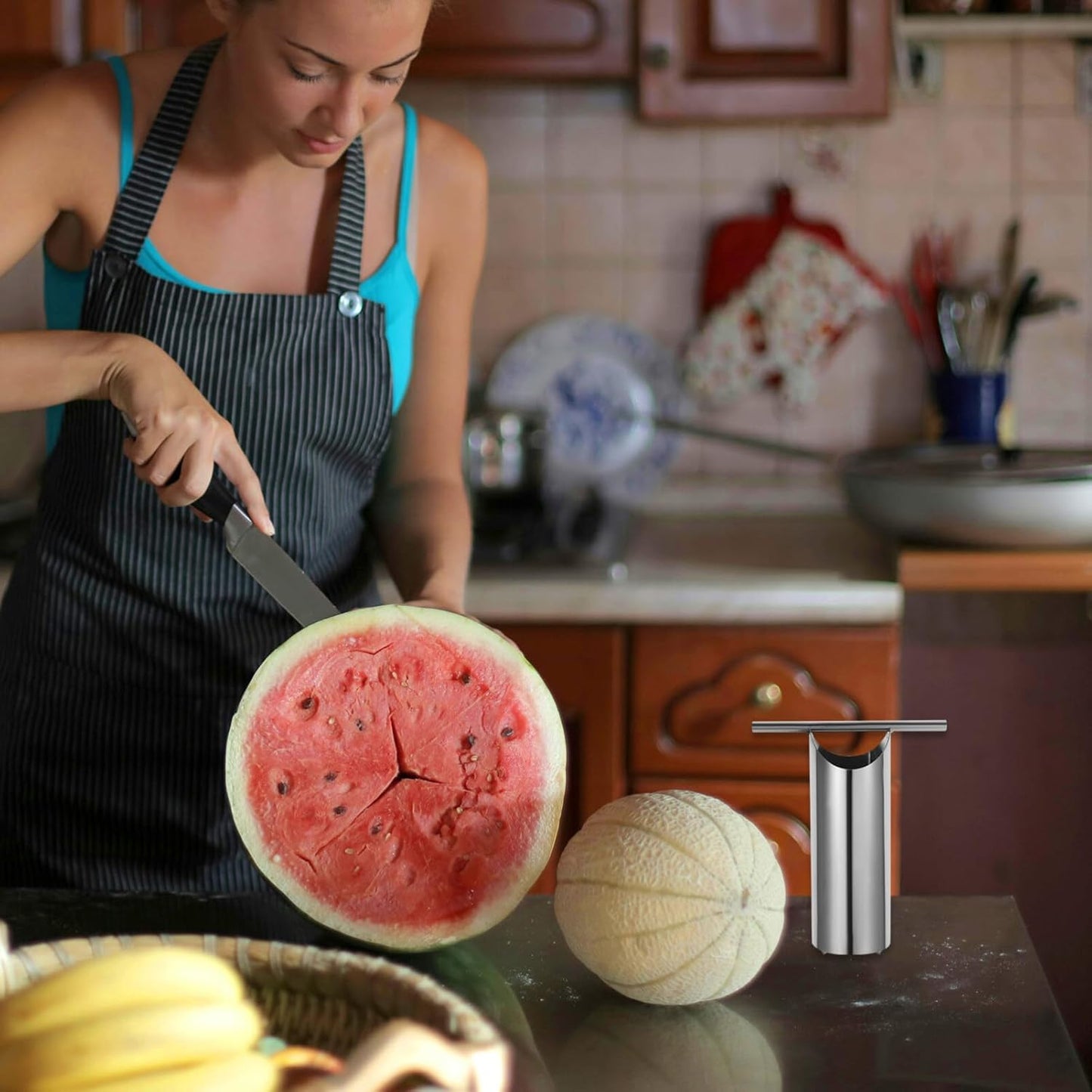 Alipis Stainless Steel Watermelon Core Remover Tool 4.7 X 4.3 Inch Melon Opener for Watermelon Cantaloupe Pineapple Kitchen Fruit Corer