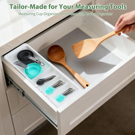 Expandable Measuring Cup Organizer & Measuring Spoon Organizer for Deep Drawers, 11.4''–18.1'' Adjustable Kitchen Drawer Organizer with 3 Dividers, Space-Saving Flatware Bin for Home & Kitchen