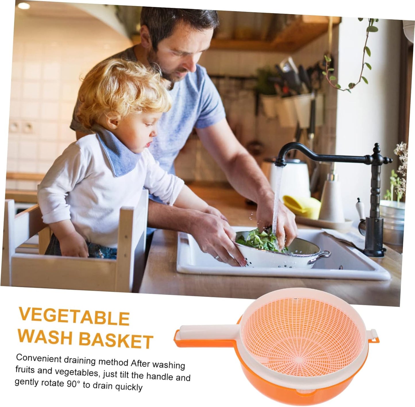 BESTOYARD Vegetable Wash Basket Double Layer Kitchen Colander Bowl 13.38 Inch with Handle for Draining Fruits Salad Pasta Efficient Drainage