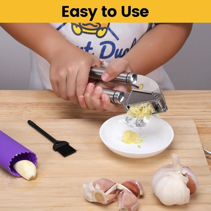 Garlic Press Mincer, 304 Stainless Steel Garlic Press with Garlic Peeler Tube, Heavy Duty Metal Ginger Press, Silver